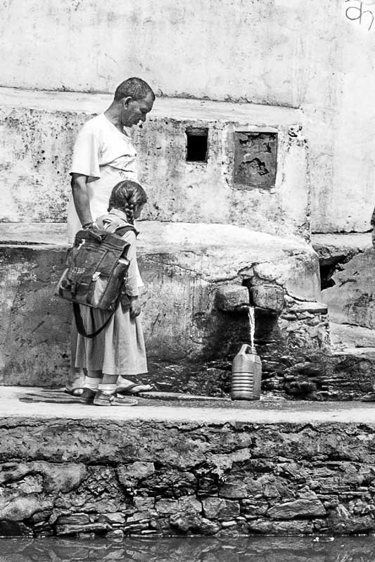 Varied drinking water sources in India - 'chahal'- a protected spring in district Tehri Garhwal, Uttarakhand, where water is first collected for drinking and then is allowed to flow into a tank where animals can drink, later the water overflows to kitchen gardens and fields located downstream